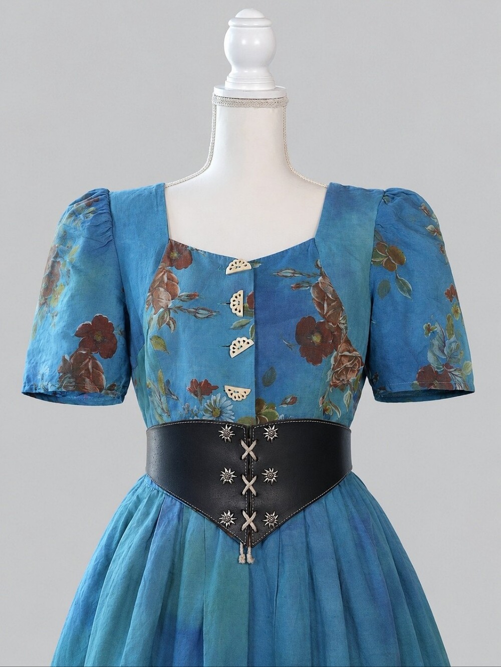 Vintage Floral Dress with Corset Belt, Cottagecore, Dirndl, Bavarian, Whimsy